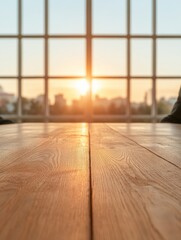 Poster - Sunlit Industrial Conference Room Rustic Wooden Table and Cityscape - Modern Business Collaboration and Professional Networking in Open Workspace Design