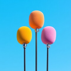Leinwandbilder - Bold Color Pop Microphone Array Against Clear Sky - Dynamic Event Coverage and Modern Media Setup for Vibrant Public Relations Visuals
