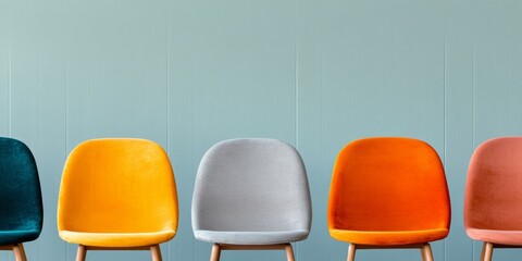 Poster - Mid-Century Modern Conference Seating Velvet Upholstered Chairs Against Pastel Walls - Contemporary Workspace Design and Creative Business Venue Setup