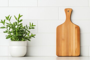 Poster - Minimalist Wooden Kitchen Aesthetic Functional Herb Display Against Subway Tile - Modern Interior Design for Eco-Friendly and Stylish Home Spaces