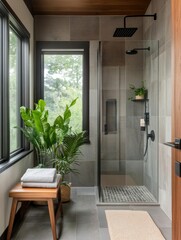 Poster - Geometric Tile Modern Shower Space with Glass Door and Greenery Contemporary Interior Design for Spa-like Home Wellness and Luxury Real Estate Marketing