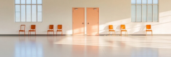 Poster - Minimalist Interior Sunlit Peach Double Doors and Vintage Chairs in Modern Training Room - Commercial Space Optimization and Architectural Aesthetic for Professional Environments