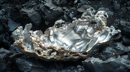 Poster - A unique metallic mineral formation sits on a dark, rocky surface, displaying intricate textures and polished, reflective features under natural light. The contrast emphasizes its beauty.