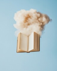 Poster - Ethereal Literary Visual Open Vintage Book with Glowing Mist Against Sky Imagination Concept for Storytelling and Creative Content in Publishing and Marketing