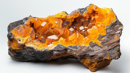 Aufkleber - Stunning display of a bright orange calcite mineral formation showcasing intricate crystal structures, highlighting natural beauty and unique textures in a well lit environment.