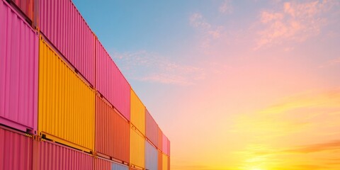 Poster - Vibrant Shipping Container Spectrum Sunset Silhouettes and Industrial Cranes - Modern Logistics Imagery and Sustainable Trade Infrastructure for Global Business Innovation