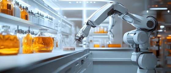 Poster - A robotic arm carefully handling amber-colored vials in a modern lab environment, illustrating the integration of automation in scientific research and technology.