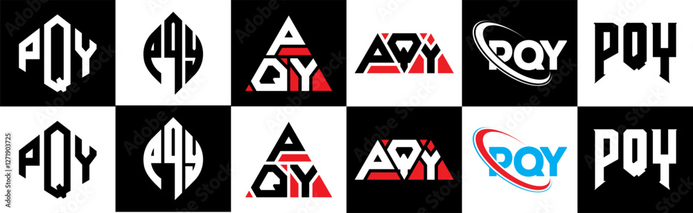 PQY letter logo design in six style. PQY polygon, circle, triangle, hexagon, flat and simple style with black and white color variation letter logo set in one artboard. PQY minimalist and classic logo