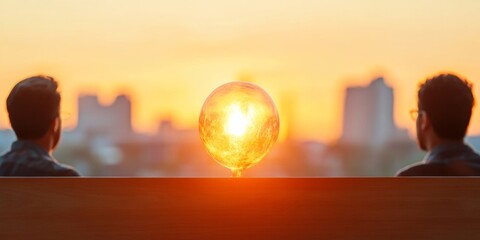 Poster - Urban Sunset Reflection Glass Globe Centerpiece in Modern Office Meeting - Enhancing Business Innovation and Digital Content with Ambient Cityscape Views