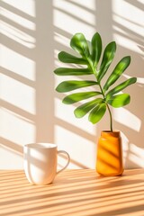 Fototapete - Modern Biophilic Workspace Sunlit Ceramic Mug and Vibrant Houseplant on Minimalist Wooden Desk Relaxed Home Office Aesthetic and Remote Work Efficiency