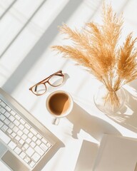 Fototapete - Scandinavian Minimalist Workspace Laptop with Coffee and Dried Pampas on White Desk - Business Content and Remote Workflow for Creative Professionals