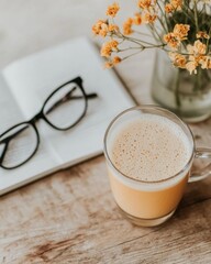 Poster - Cozy Minimalist Workspace Latte with Glasses and Book on Rustic Wooden Table - Creative Content Campaigns and Remote Work Inspiration for Modern Professionals