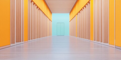 Poster - Minimalist Library Walkway Bold Symmetrical Bookshelves and Vibrant Orange Walls - Architectural Design Inspiration for Modern Educational Spaces and Knowledge Retention