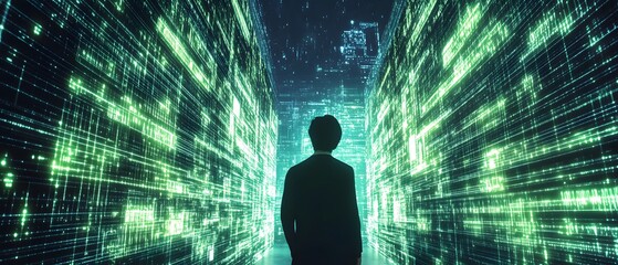 Poster - A silhouette of a person stands at the intersection of digital data streams, symbolizing the fusion of humanity and technology
