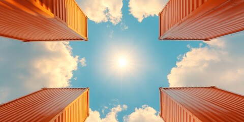 Aufkleber - Sunlit Cloudscape Framed by Vibrant Shipping Containers - Modern Industrial Aesthetic for Global Trade Visualization and Sustainable Logistics Marketing Campaign