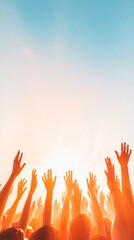 Aufkleber - Vibrant Festival Experience Energetic Crowd with Raised Hands at Sunset - Dynamic Music Event Promotion and Youth-Centric Marketing Content