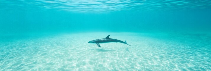 Poster - Dolphin gliding gracefully over pristine white sand in shallow, crystal clear turquoise waters, creating a tranquil and picturesque underwater paradise filled with vibrant marine life
