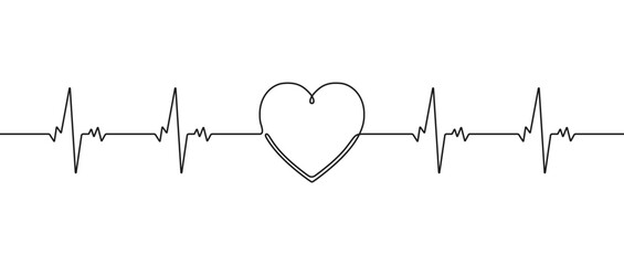 Poster - One continuous line illustration of heartbeats cardiogram with heart shape inside. Continuous line drawing of heart with heartbeats. Vector.