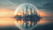 © sakawduan - futuristic city protected by giant dome reflects in calm waters, showcasing modern skyscrapers and serene sunset. scene evokes sense of wonder and innovation