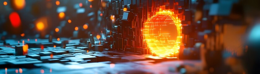 Poster - A vibrant digital landscape featuring a glowing sphere emerging from a pixelated background, symbolizing innovation and the fusion of technology with creativity.