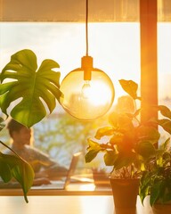Aufkleber - Nature-Inspired Workspace Design Mid-Century Pendant Light with Lush Greenery and Sunset Glow - Sustainable Office Concept for Enhanced Creativity and Corporate Well-being