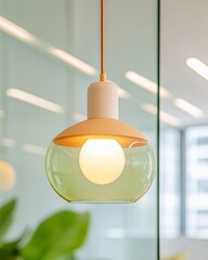 Aufkleber - Modern Retro Lighting Frosted Glass Pendant with Orange and White Finish - Contemporary Workspace Illumination and Office Design for Efficient, Stylish Ambiance
