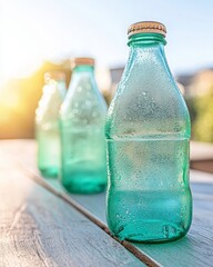Poster - Eco-Chic Beverage Lineup Glass Bottles with Dewy Freshness on Rustic Wood - Global Drink Marketing and Sustainable Refreshment Branding