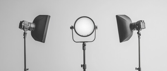 Poster - Monochrome Broadcast Studio Setup Professional Lighting and Cameras with Minimalist Design - Enhancing Television Production and Streamlined Media Operations