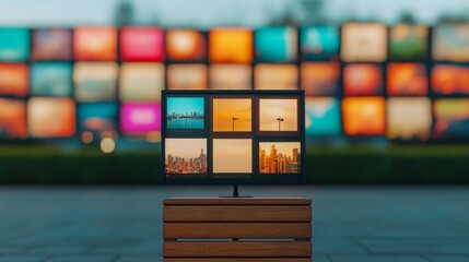 Fototapete - Contemporary Media Workspace Multi-Screen LED Display with Urban Graphics on Wooden Stand - Enhanced Digital Journalism and Broadcasting Environment