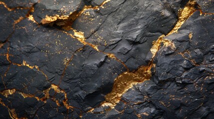 Poster - This striking natural formation showcases a dark stone surface marked by vivid, reflective gold veins. The contrast enhances the intricate textures and patterns present in the rock.