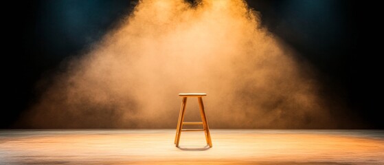 Aufkleber - Bohemian Concert Venue Aesthetic Illuminated Acoustic Guitar Stage with Vintage Microphone and Wooden Stool - Authentic Music Experience for Entertainment Marketing