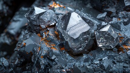Fototapete - Several clear crystalline minerals are surrounded by grey rocks, reflecting sunlight and showcasing intricate geometric patterns while resting in a natural landscape.