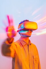 Poster - Futuristic VR Interaction Young Adult with Neon VR Headset and Gesture Controls - Dynamic Digital Content and Cutting-edge Gaming Experience for Creative Tech Industries