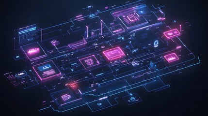 Poster - Abstract digital technology background featuring glowing circuit patterns and vibrant neon colors. Ideal for tech-related themes and innovations in programming and networking.