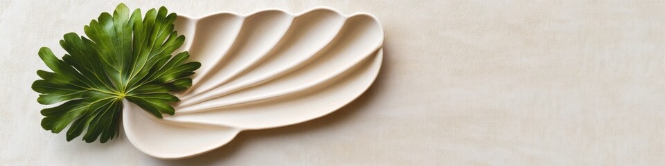 Fototapete - Minimalist Ceramic Leaf Plate on Textured Canvas - Sustainable Dining Decor for Eco-friendly Home and Hospitality Visual Merchandising