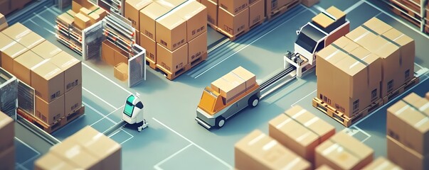 Poster - Aerial view of a modern warehouse with delivery vans and robotic equipment, showcasing efficient logistics and inventory management in a bustling distribution center.