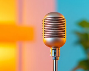 Poster - Retro-Chic Audio Setup Vintage Metal Microphone with Acoustic Panels in Stylish Studio - Content Creation for Modern Sound Capturing and Professional Audio Enhancement
