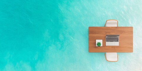 Poster - Minimalist Coastal Office Setup Sleek Wooden Desk with Laptop and Plant on Turquoise Backdrop - Modern Business Content and Therapeutic Workspace Design