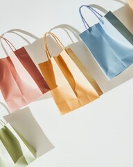 Poster - Dynamic Paper Bag Display Trendy Pastel Shopping Bags with Cast Shadows on Neutral Backdrop - Modern Retail Marketing and Sustainable Packaging Promotion