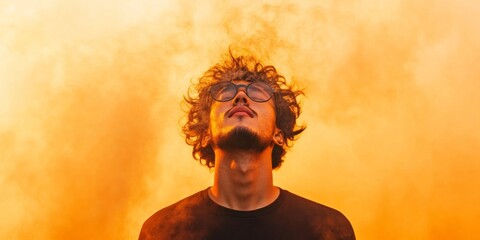 Poster - Vibrant Expressionism Portrait Curly-Haired Performer Amidst Dramatic Smoke in Studio - Modern Entertainment Imagery for Creative Industry and Bold Visual Campaigns