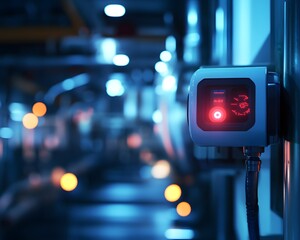 Poster - close-up of a digital control panel with a red light indicator in a modern industrial setting. the b