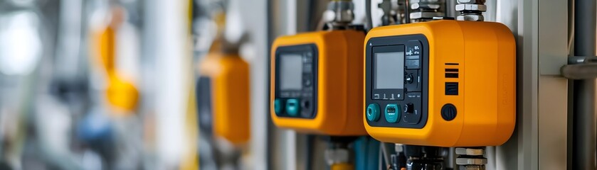 Poster - Close-up of industrial equipment showcasing modern technology. Bright yellow devices with digital displays enhance functionality in manufacturing environments.