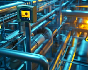 Poster - Close-up of industrial pipes and control panel in a factory setting. The image showcases the intricate network of tubing and machinery essential for modern engineering processes.