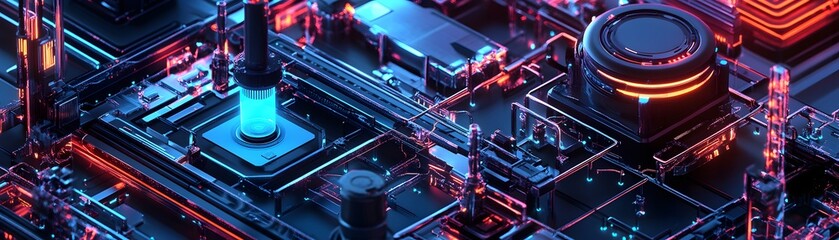 Poster - Futuristic circuit board with vibrant blue and red lights showcasing intricate electronic details.
