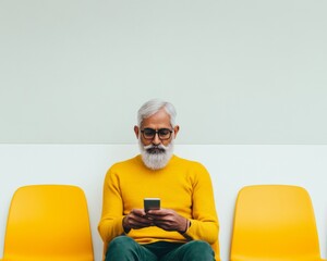 Poster - Contemporary Wellness Tech Middle-Aged South Asian Man Engaged with Health Tracking App in Vibrant Clinic Setting - Digital Healthcare Solutions and Modern Patient Engagement