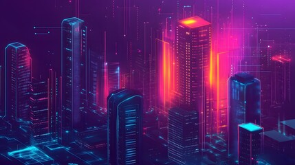 Poster - Futuristic city skyline with vibrant neon lights and digital elements representing technology and innovation.