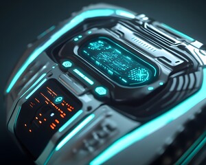 Poster - Futuristic device with vibrant blue LED lighting and intricate circuitry emphasizing advanced technology.