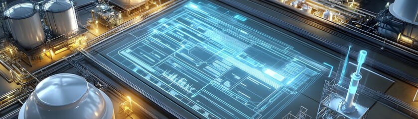 Poster - Futuristic digital interface displaying complex data and blueprints, surrounded by industrial elements, symbolizing advanced technology and innovation in engineering.