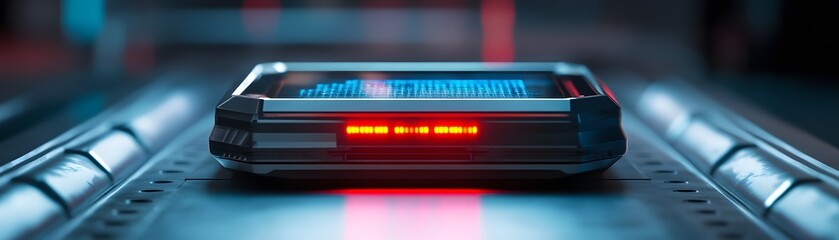 Poster - Futuristic tech device illuminated with red and blue lights, showcasing advanced features and a sleek design, perfect for representing modern innovation and digital advancements.