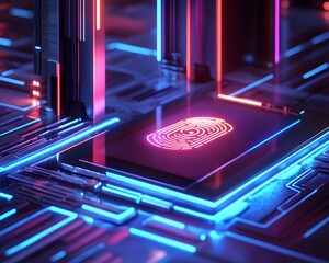 Poster - Futuristic microchip design featuring vibrant neon lights and intricate circuitry. This visual represents advanced technology and innovation, perfect for tech-related projects.